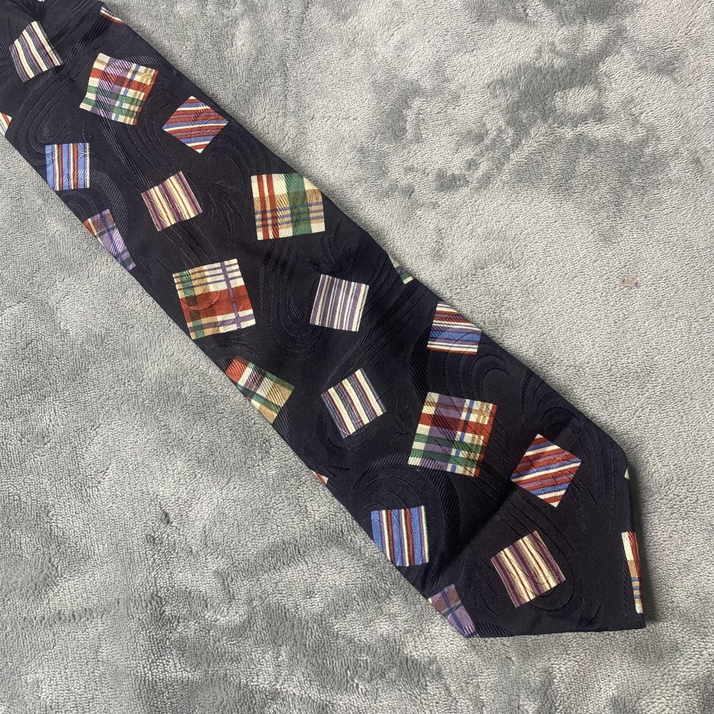 Bugatti Tie Mens One‎ Size Black Silk Geometric Wide Multicolor Squares